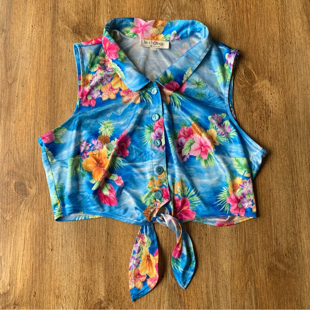 Vintage le chateau 90s Blue Tropical Tie-Front Crop Top